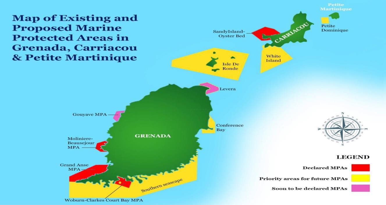 Map of existing and proposed marine protected areas in Grenada, Carriacou, and Petite Martinique