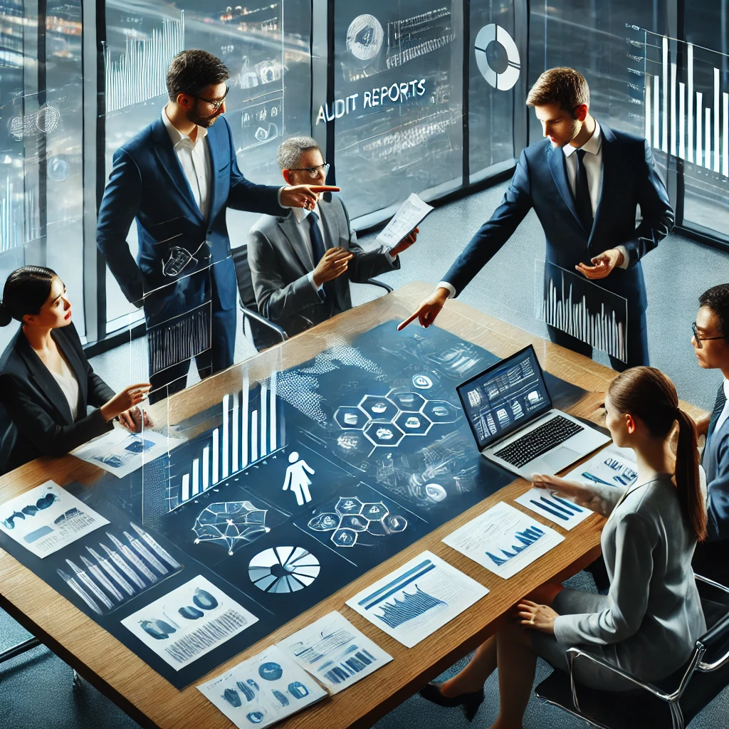 A modern, professional office setting where financial experts are analyzing data.
