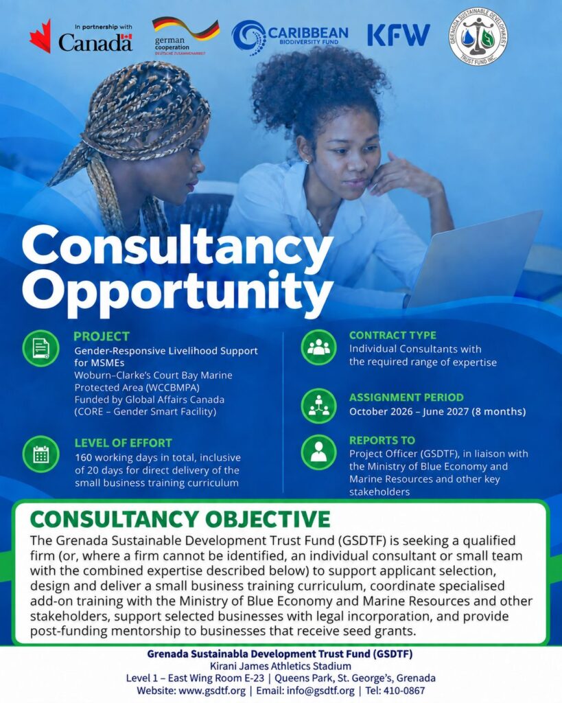 Consultancy opportunity flyer for Grenada Sustainable Development Trust Fund supporting MSMEs in Marine Protected Area.