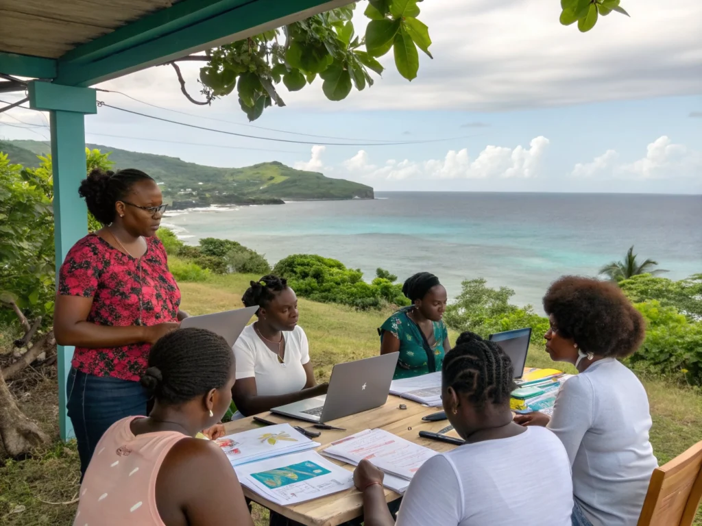 Group of women holding a workshop at an outdoor table with laptops overlooking a tropical ocean coastline.